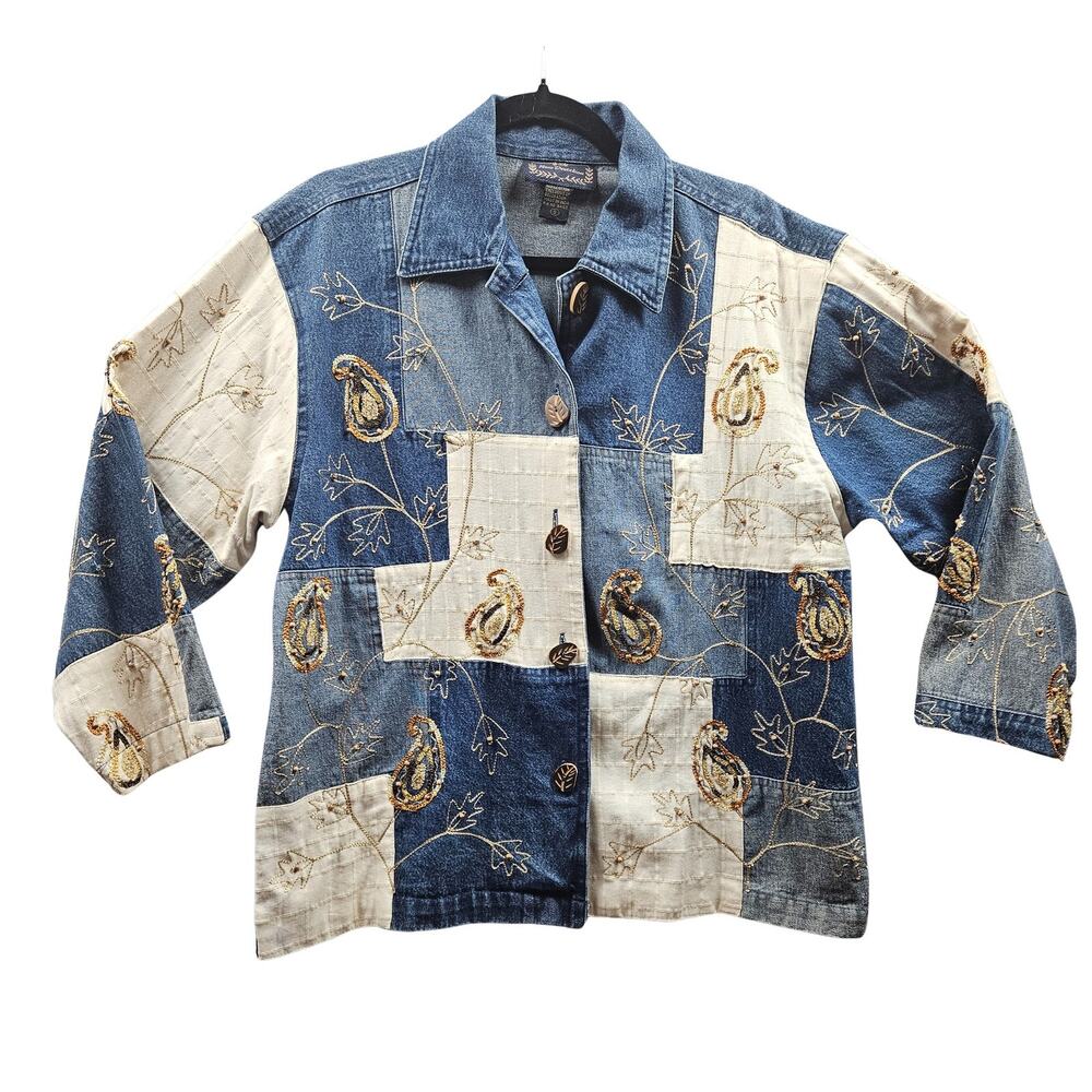 Vintage Denim Patchwork Shirt Embroidered design Wood Buttons Womens SM Hippy